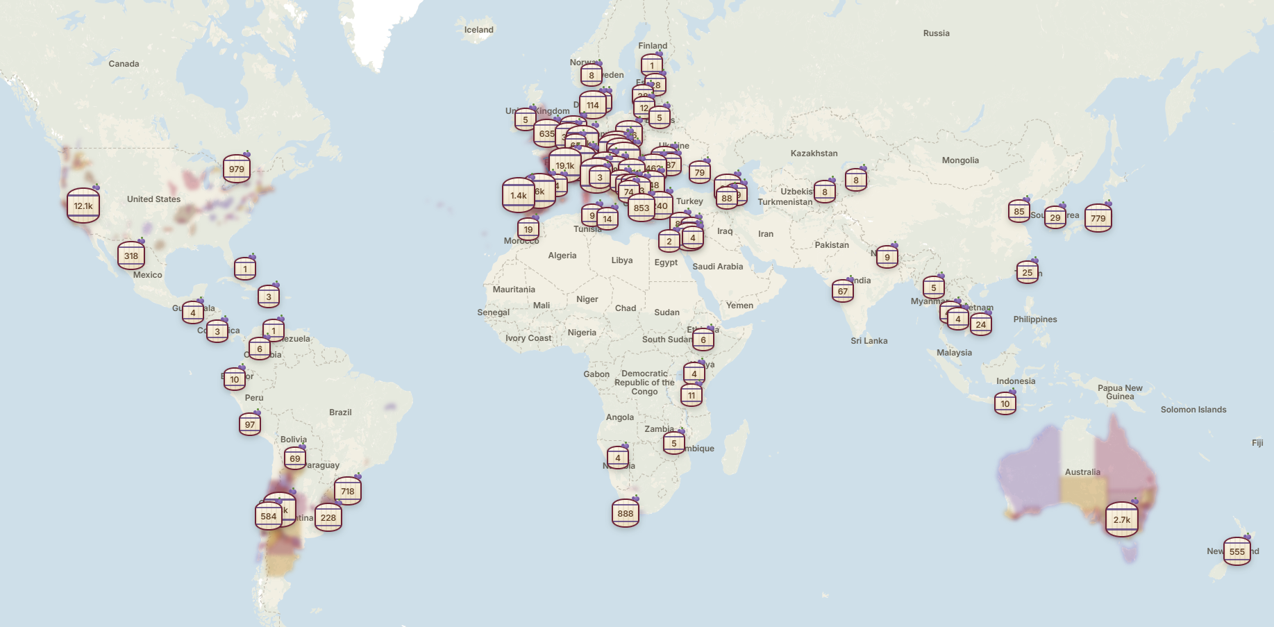 World Winery Map: 104 330 vinařství v 90 zemích.